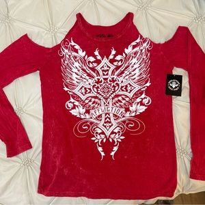 NWT - Affliction Majestic Cross T-Shirt w Rhinestones 
Cold Shoulder Grunge Top